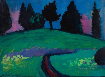 Alexey Petrovich Bogolyubov Painting - Dark trees over a green slope Alexej von Jawlensky